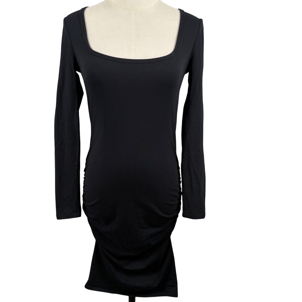 EUC Venus XS Bodycon Dress Black Square Neck Ruched Long Sleeve Mini Minimalist